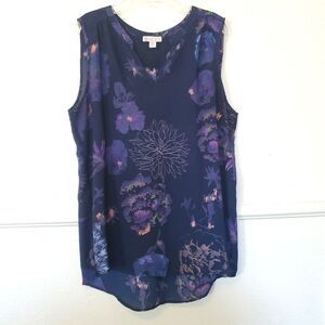 Lila Rose Top Sleeveless Blouse Floral V Neck Womens Size L Blue